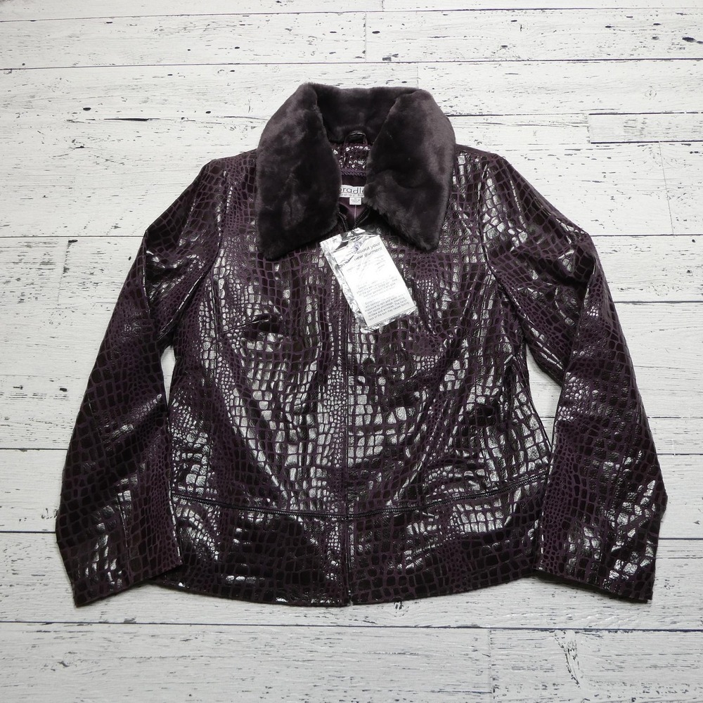 Bradley Bayou Jacket Womens‎ Medium Purple Croc Embossed Leather Faux Fur Collar
